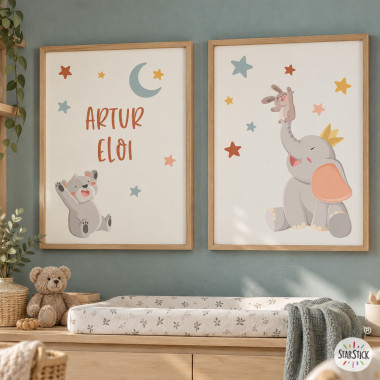 Pack de 2 cuadros infantiles - Animales tocando la luna - Decoración infantil
