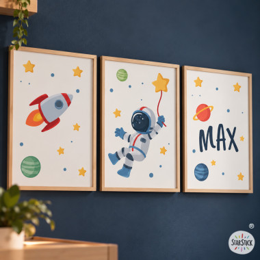 3 cuadros infantiles personalizables. Astronauta, misión espacial. Decoración infantil