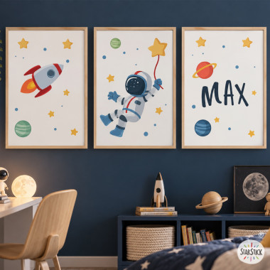3 cuadros infantiles personalizables. Astronauta, misión espacial. Decoración infantil