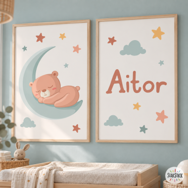 Oso en la Luna. Pack 2 cuadros personalizables para bebé