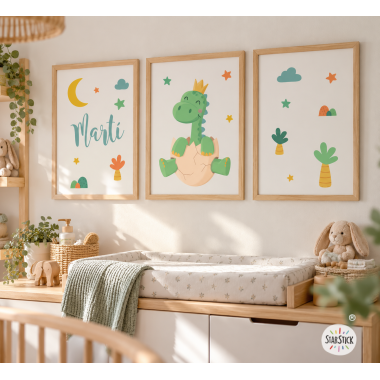 Pack de 3 Cuadros infantiles - Bebé dinosaurio - Decoración personalizable para bebés