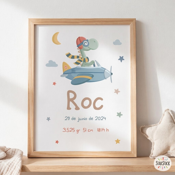 Affiches personnalisées de naissance - Avion avec dinosaure