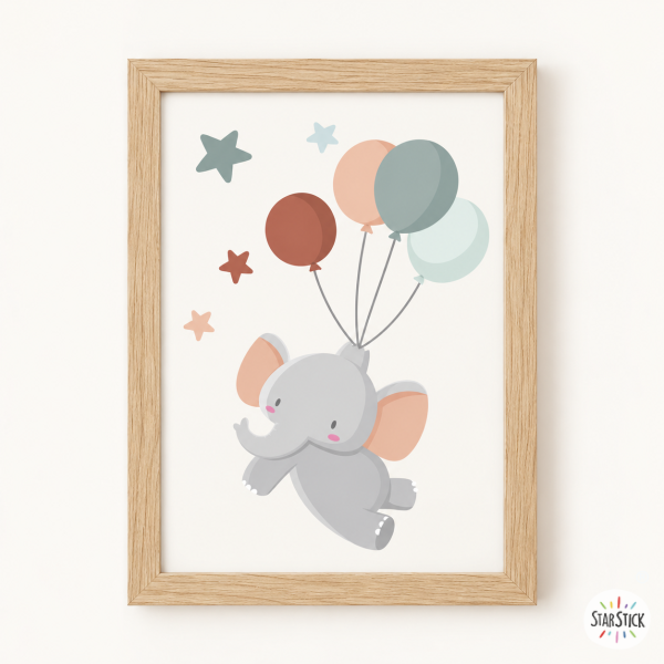 Cuadro decorativo para bebés - Elefante con globos - Decoración infantil