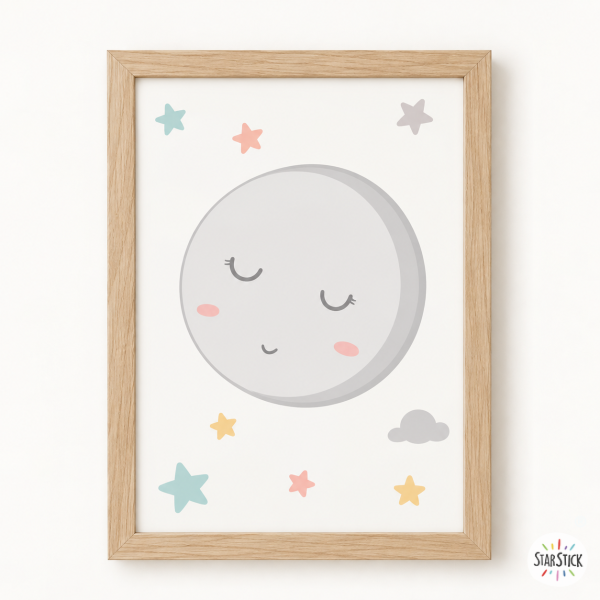 Cuadro infantil con nombre. Luna llena con estrellas