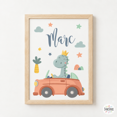 Cuadro infantil personalizado – Dinosaurio en coche | Decoración habitación bebé