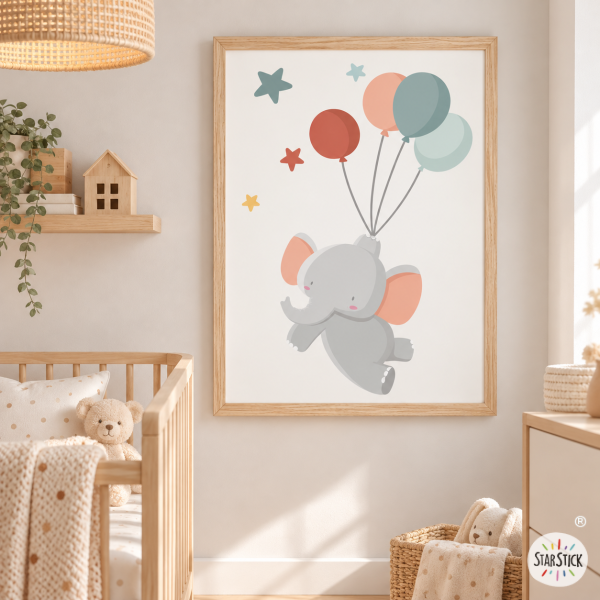 Cuadro decorativo para bebés - Elefante con globos - Decoración infantil