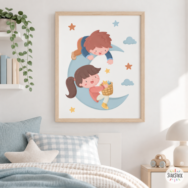 Cadre décoratif - Enfants sur la lune - Décoration enfants