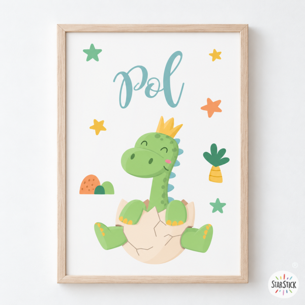 Cuadro infantil personalizado – Bebé dinosaurio con nombre | Decoración habitación bebé