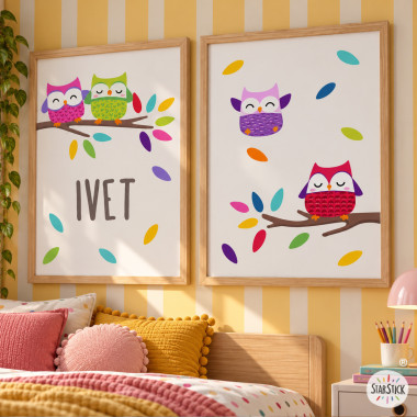 Cuadros infantiles personalizables. Búhos. Decoración cuarto bebé