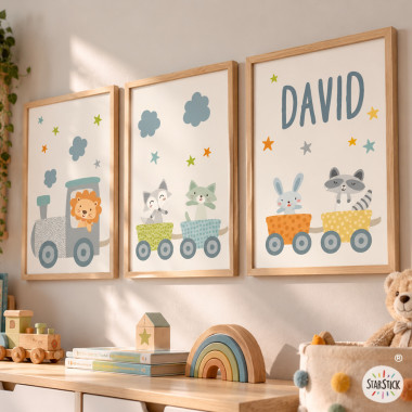 3 children's painting sheets - Blue train with animals