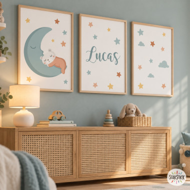 3 customizable children's paintings. Little bear on the moon. Decoration for babies
