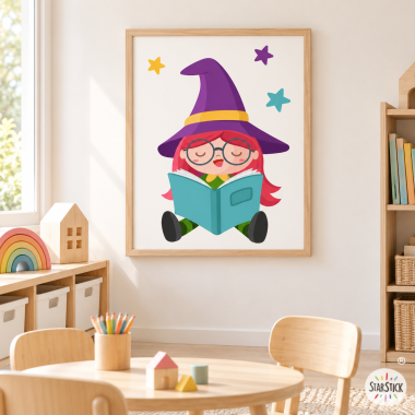 Impression murale décorative - Petite sorcière en train de lire