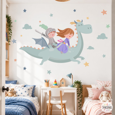 Vinilo infantil para hermanos – Dragón con princesa grande y caballero, decoración para habitación compartida