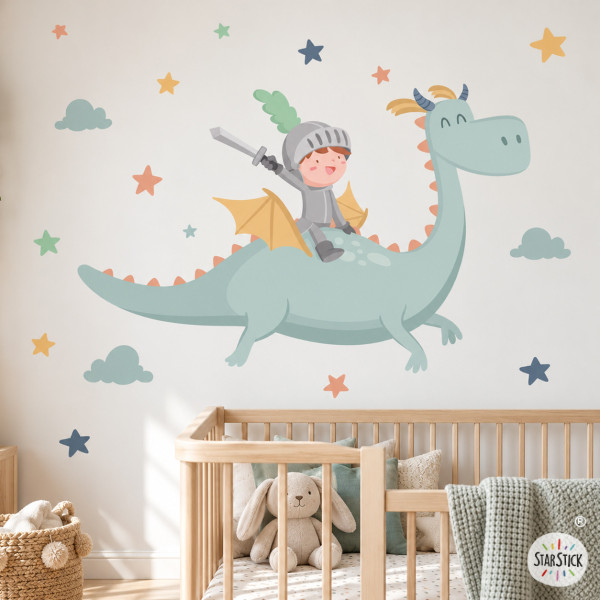 Vinilos infantiles caballero con dragón mágico – Decoración de fantasía para habitación infantil