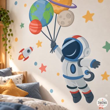 Vinil infantil astronauta amb planetes – Decoració espacial per a paret d’habitació infantil
