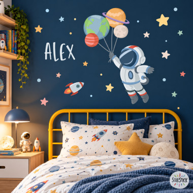 Personalized astronaut wall sticker with planets – Space wall decal for kids bedroom