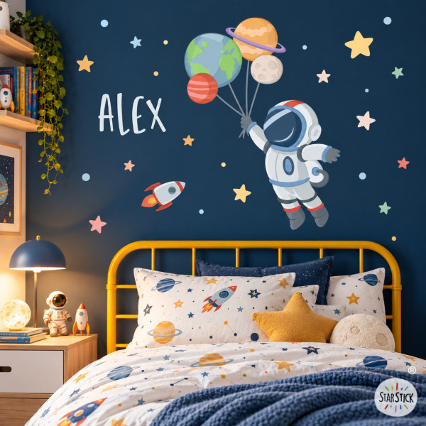 Personalized astronaut wall sticker with planets – Space wall decal for kids bedroom