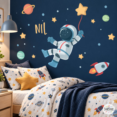 Vinilos infantiles niño astronauta en espacio con estrella. Pegatinas de pared para niños