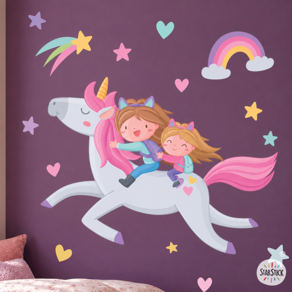 Vinilos infantiles hermanos con unicornio – Vinilo decorativo de pared mágico para habitación de niñas y bebé