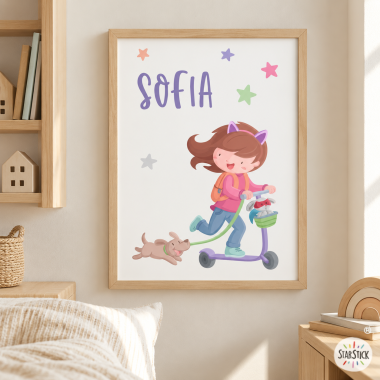 Children's painting - Girl with scooter and puppy