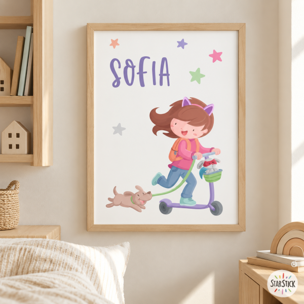Children's painting - Girl with scooter and puppy