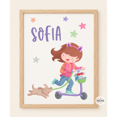 Cuadro infantil- Niña con patinete y perrito