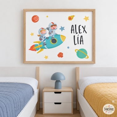 Children's print for shared rooms. Boy + girl with rocket
