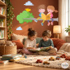 Rincón de lectura escolar decorado con vinilo de pared de niños leyendo en un árbol en biblioteca infantil y aulas