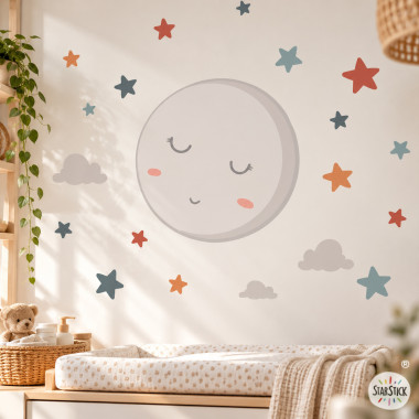 Full moon wall sticker with stars in ochre tones – Personalized nursery wall decor