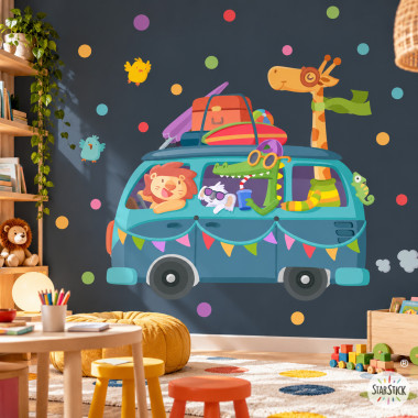 Vinilos infantiles furgoneta camper con animales – Sticker decorativo de aventura para pared de habitación infantil