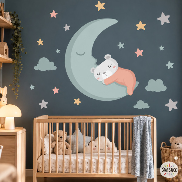 Sticker bébé Ourson sur la lune couleur terracotta pour chambre de bébé