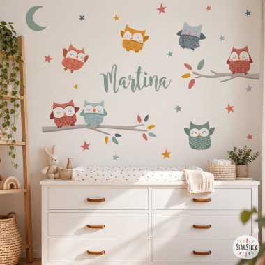 Vinilo infantil para bebé | Búhos con estrellas en tonos teja