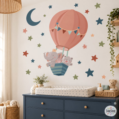 Vinilos bebé animales volando en globo en tonos teja para pared