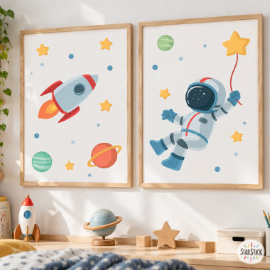 Pack de 2 cuadros decorativos - Astronauta, misión espacial - Decoración infantil