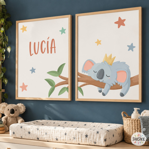 2 cuadros Koala durmiendo en rama. Cuadros personalizados para bebé