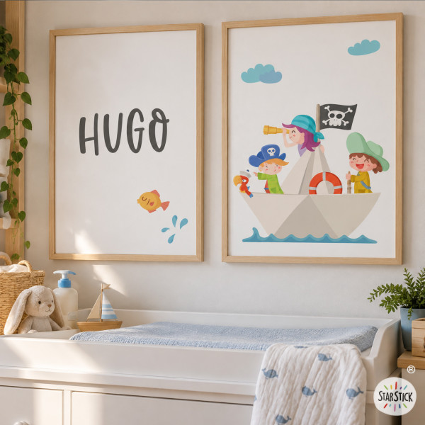 Pack 2 cuadros infantiles personalizados – Barquito pirata de papel – Decoración infantil