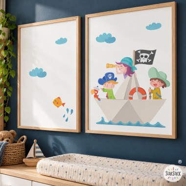 Pack 2 cuadros infantiles personalizados – Barquito pirata de papel – Decoración infantil