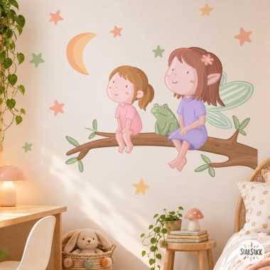 Stickers enfant filles fées sur la branche avec lune et étoiles pour chambre de sœurs