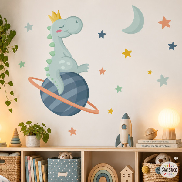 Vinilos infantiles bebé dinosaurio en la luna – Pegatinas de pared infantiles para habitación bebé y niños