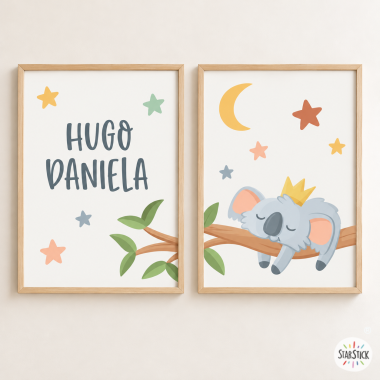2 cuadros Koala durmiendo en rama. Cuadros personalizados para bebé