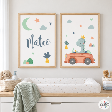 Pack de 2 tableaux pour enfants. Voiture avec dinosaure décoration pour bébé