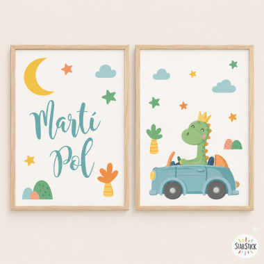 Pack de 2 quadres infantils: Cotxe amb dinosaure decoració per a nadons