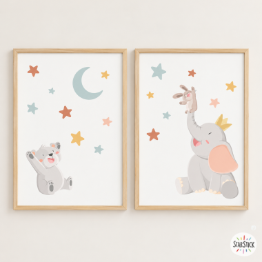 Pack de 2 cuadros infantiles - Animales tocando la luna - Decoración infantil