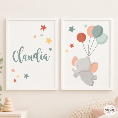 2 cuadros infantiles Elefante con globos. Decoración infantil