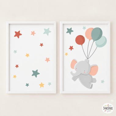 2 cuadros infantiles Elefante con globos. Decoración infantil