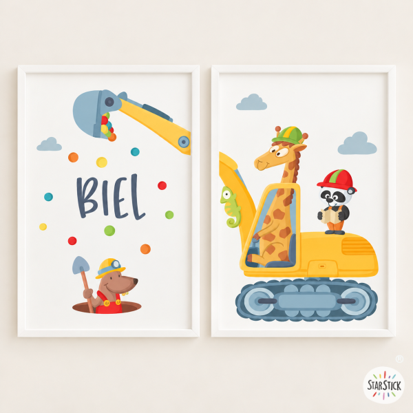 Pack con 2 cuadros infantiles personalizables - Excavadora con animales