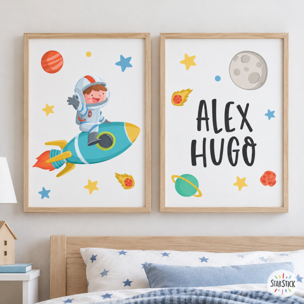 Pack 2 cuadros infantiles personalizados – Niño con cohete