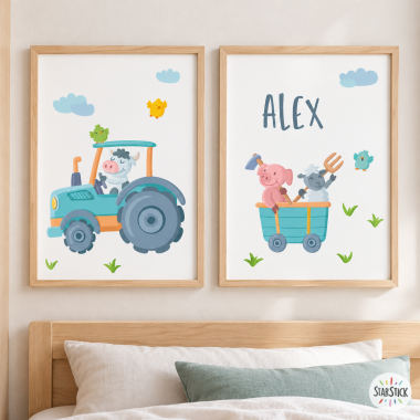 Pack of 2 personalised children’s prints – Tractor with animals