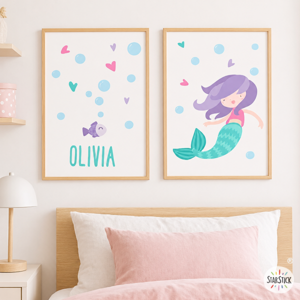 Pack 2 láminas infantiles personalizadas – Niña sirena – Decoración para niñas