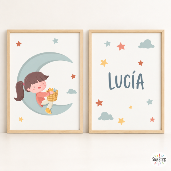 Làmines infantils personalitzables - Nena a la lluna - Decoració infantil